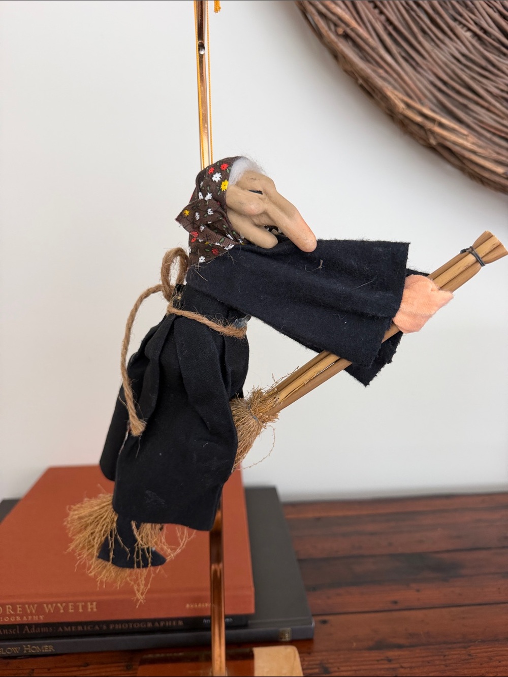 Vintage Good Luck Black Fabric Flying Kitchen Witch With Broom. - Picture 3 of 9